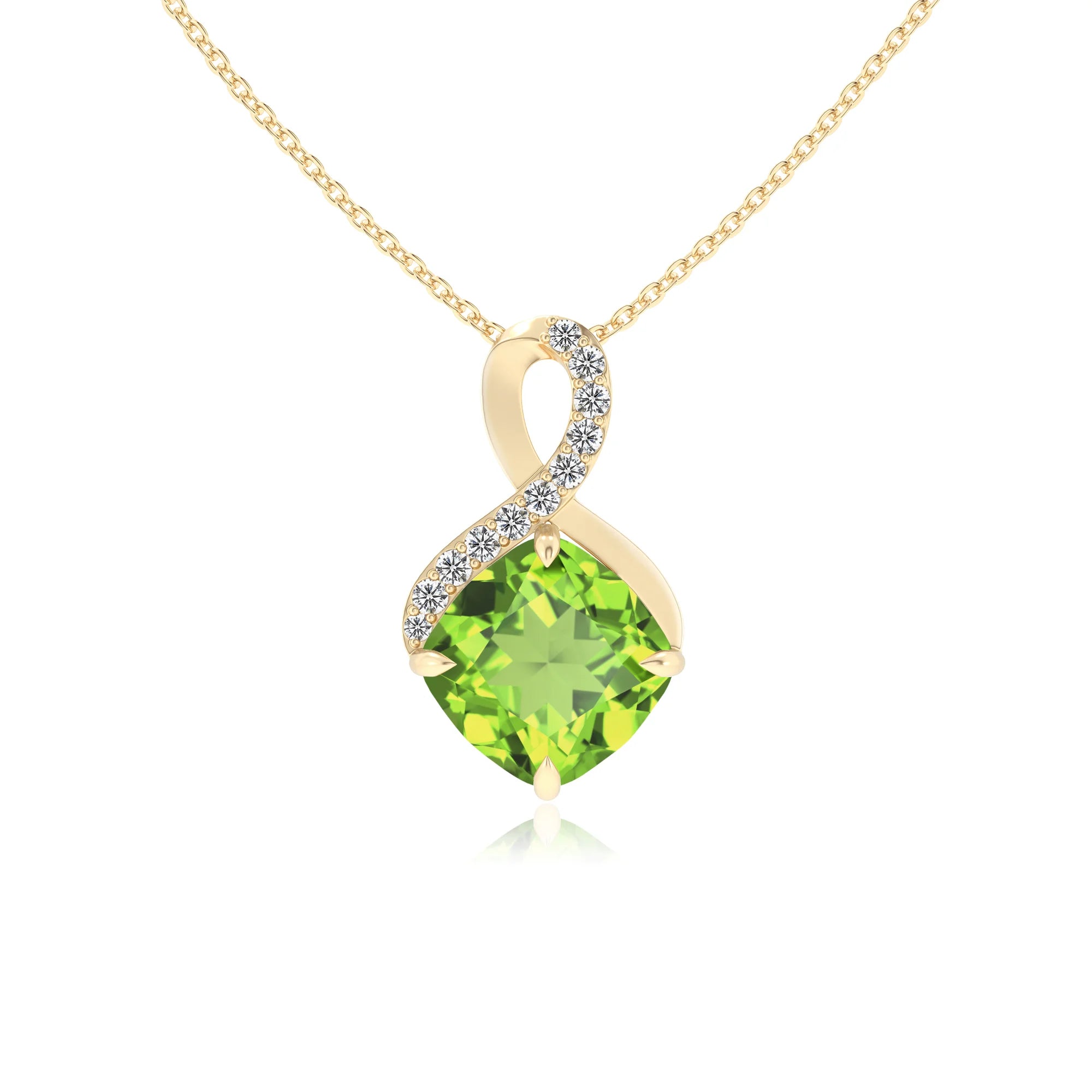 natural peridot cushion infinity necklaces in yellow gold 