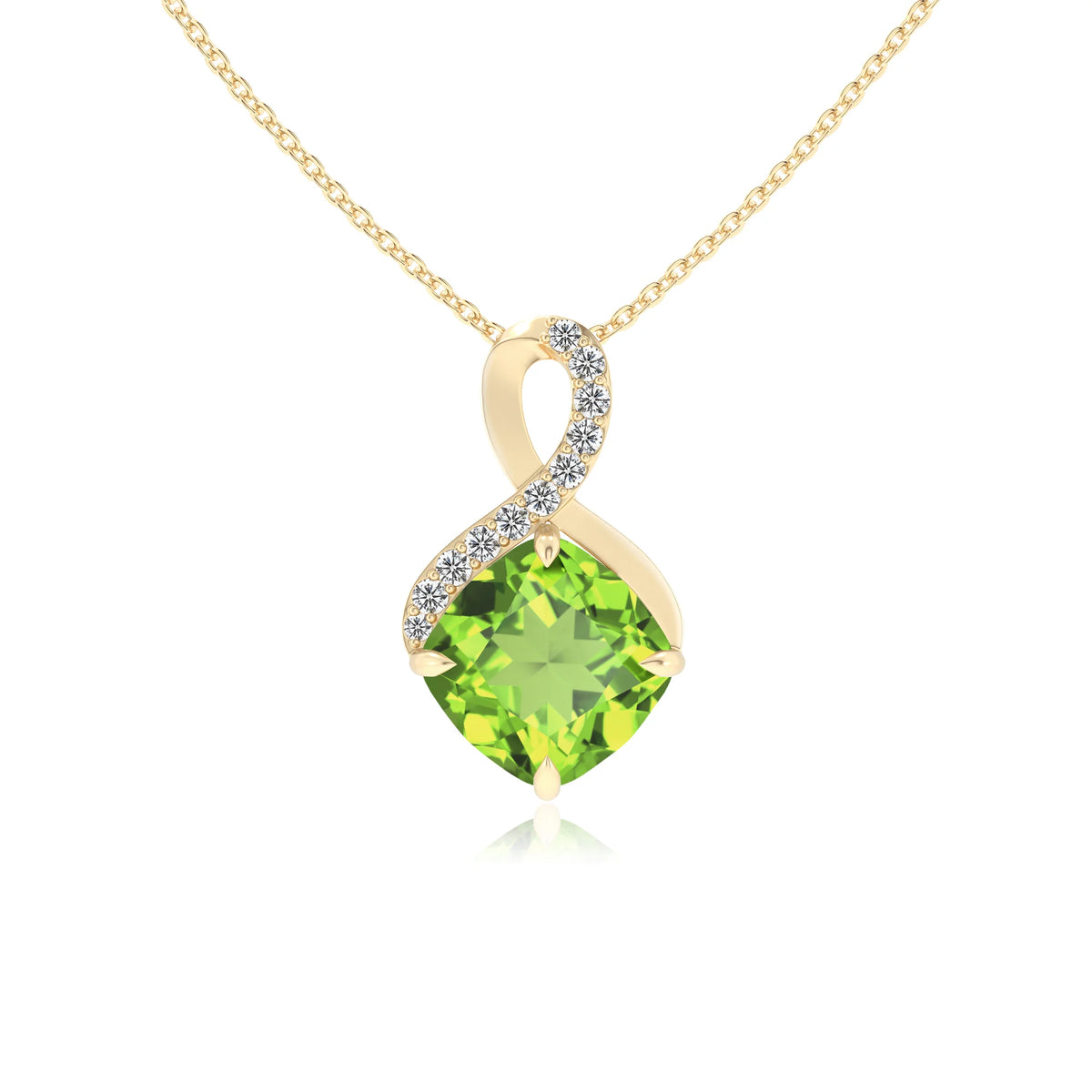 natural peridot cushion infinity necklaces in yellow gold 