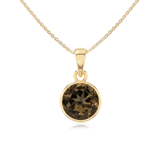 natural smoky-quartz round solitaire necklaces in yellow gold 