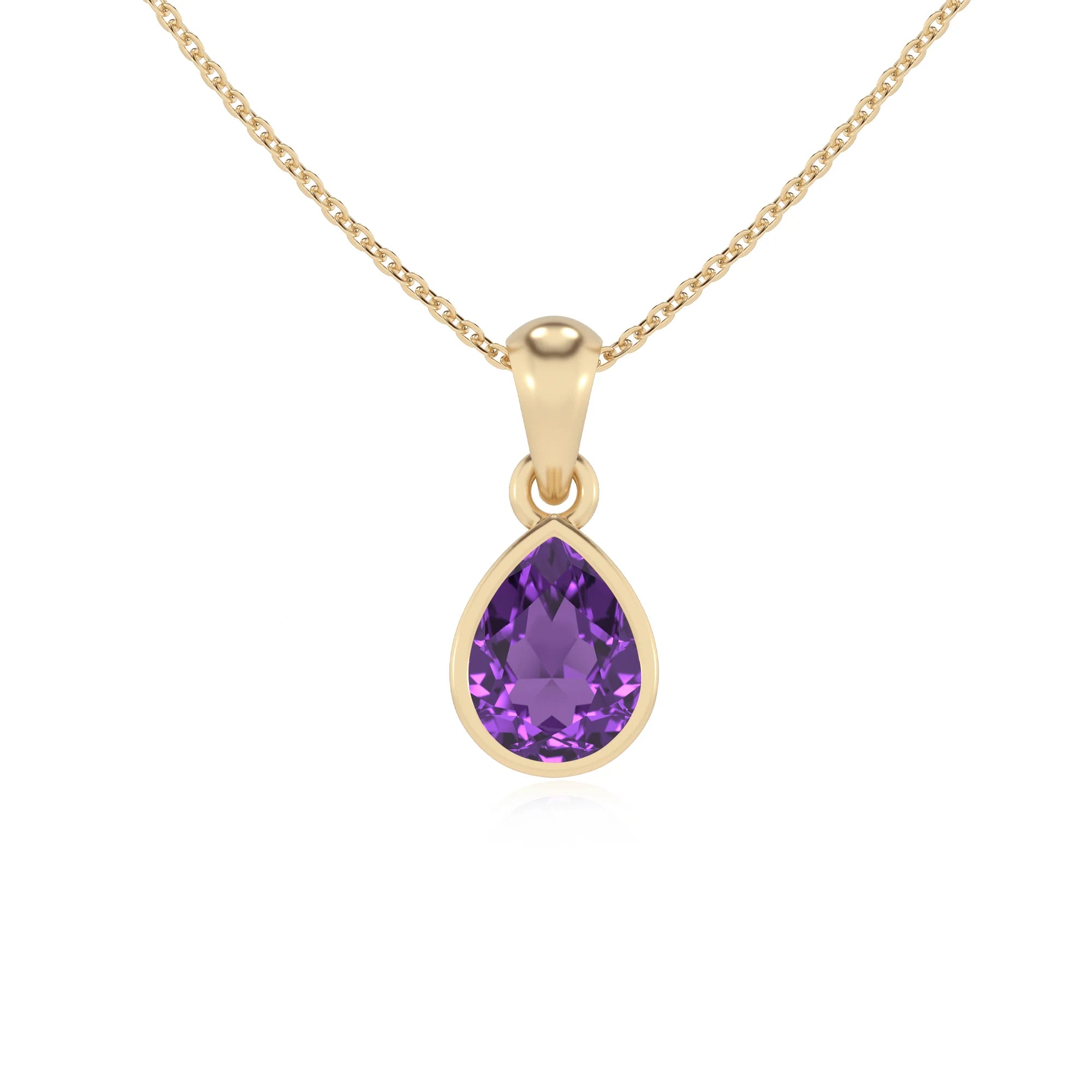 lab grown amethyst pear solitaire necklaces in yellow gold 