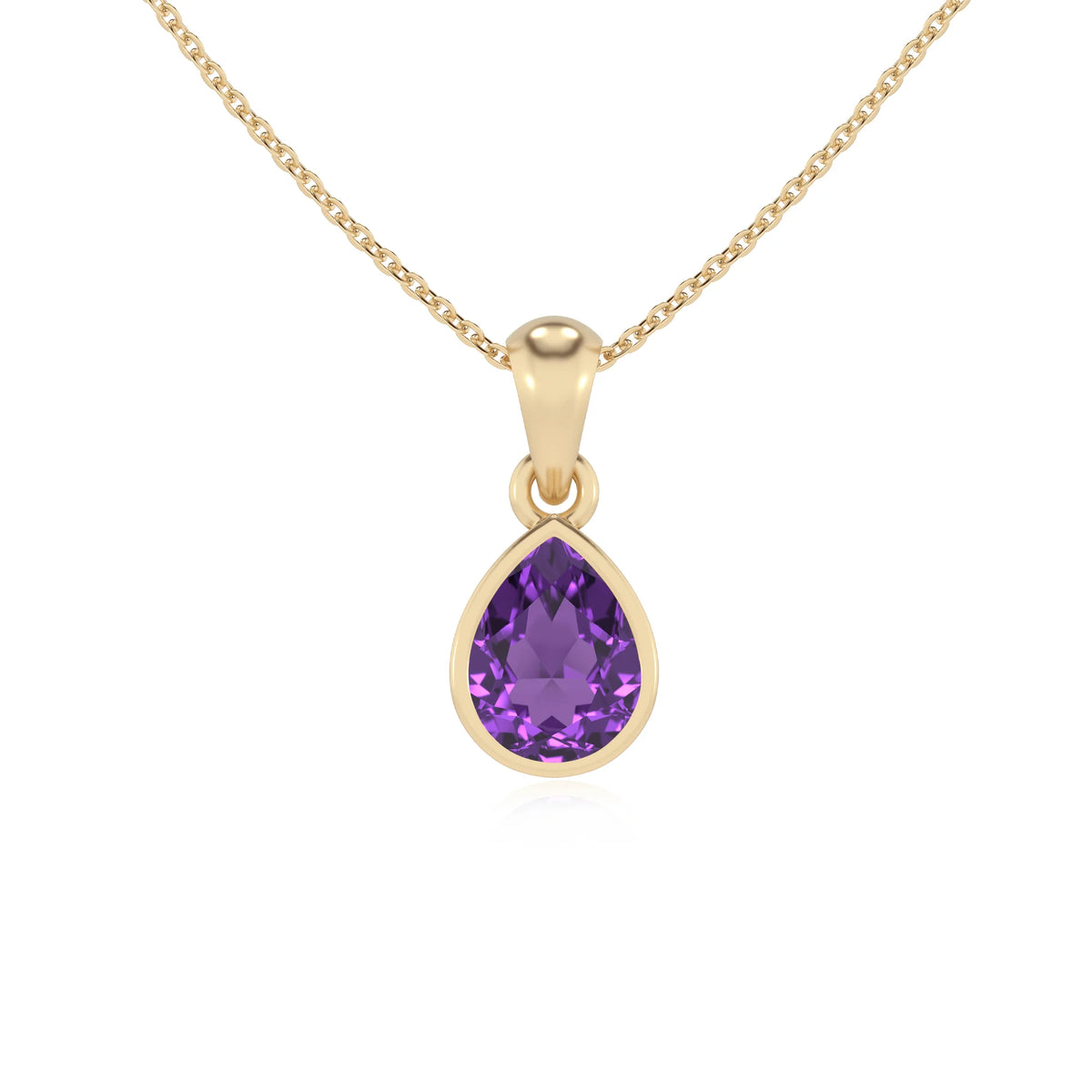 lab grown amethyst pear solitaire necklaces in yellow gold 