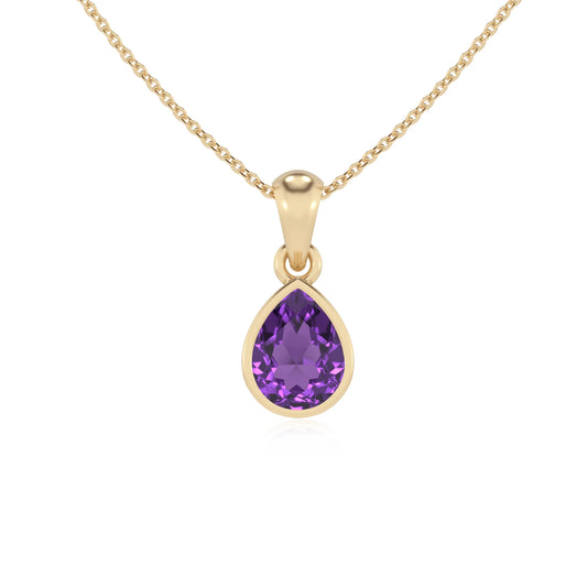 lab grown amethyst pear solitaire necklaces in yellow gold 