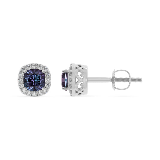 lab grown alexandrite cushion stud earrings in white gold 