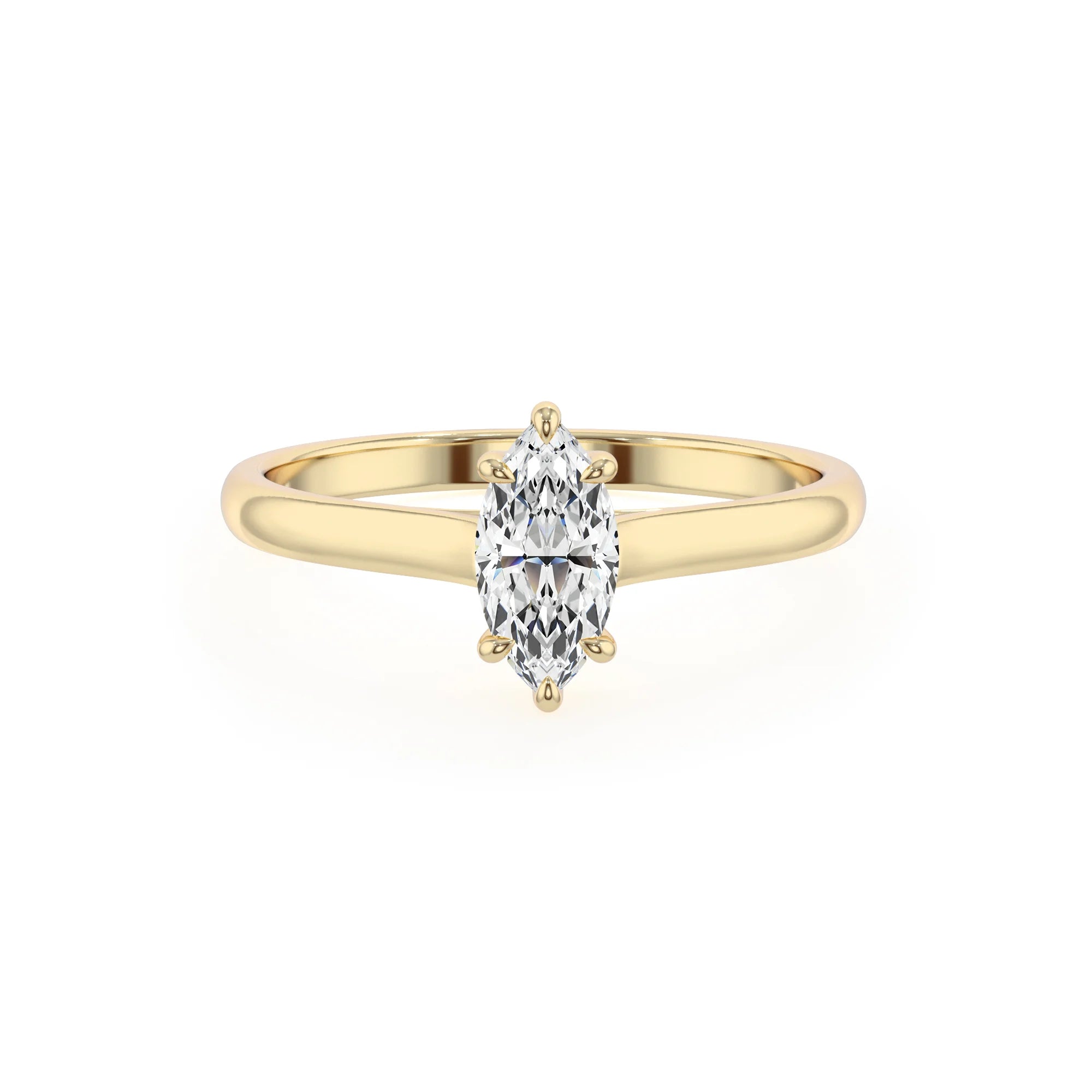 lab grown moissanite marquise solitaire rings in yellow gold 