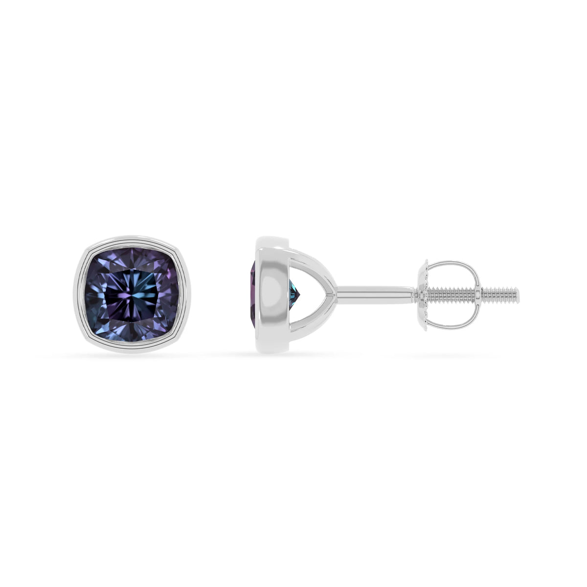 lab grown alexandrite cushion stud earrings in white gold 