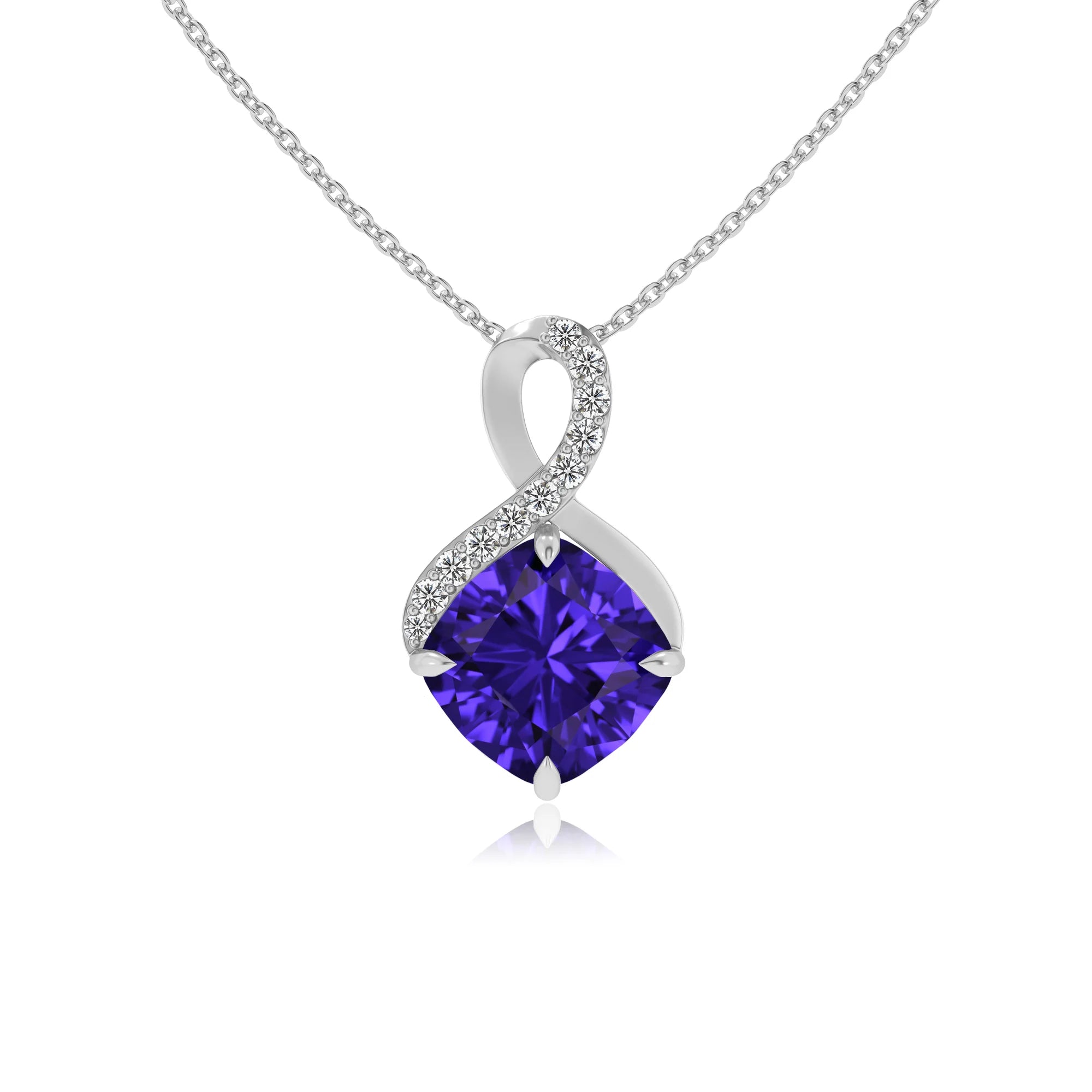 lab grown tanzanite cushion infinity necklaces in white gold 