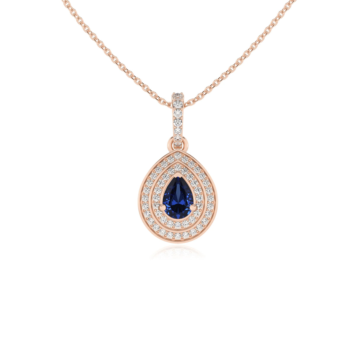 lab grown blue-sapphire pear halo necklaces in rose gold 