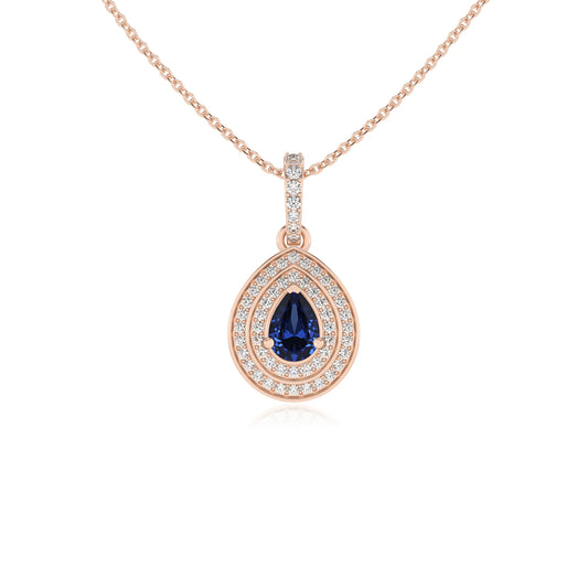 lab grown blue-sapphire pear halo necklaces in rose gold 
