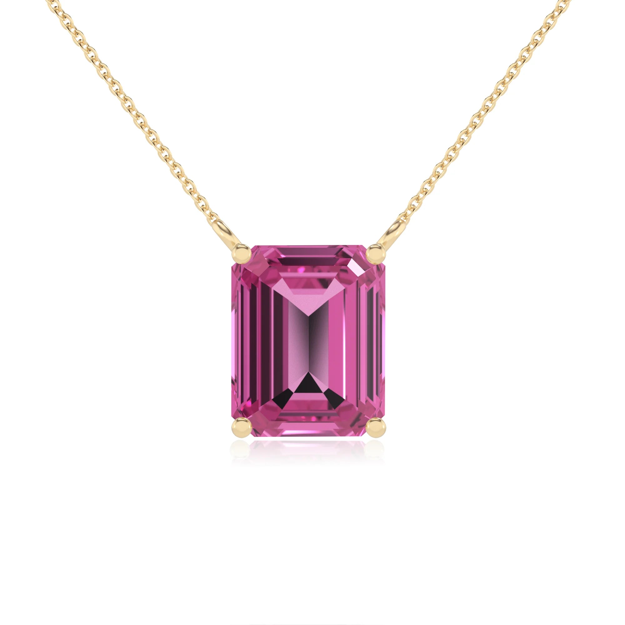 lab grown pink-sapphire emerald cut solitaire necklaces in yellow gold 