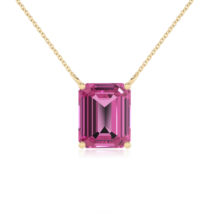 lab grown pink-sapphire emerald cut solitaire necklaces in yellow gold 