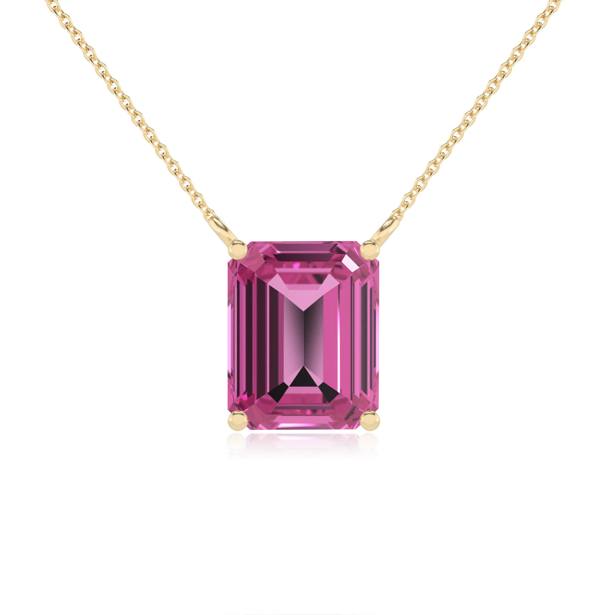lab grown pink-sapphire emerald cut solitaire necklaces in yellow gold 
