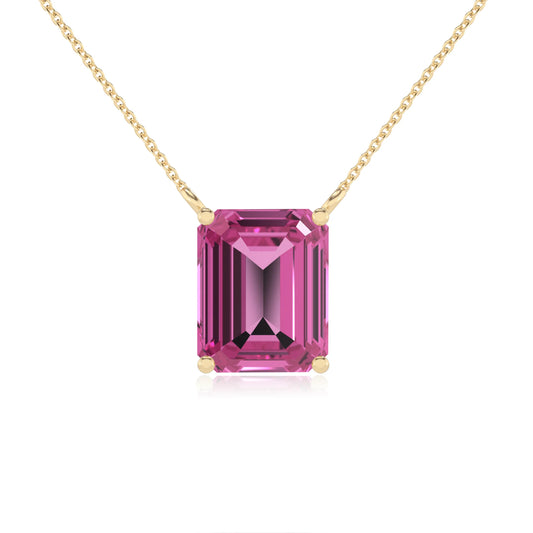 lab grown pink-sapphire emerald cut solitaire necklaces in yellow gold 