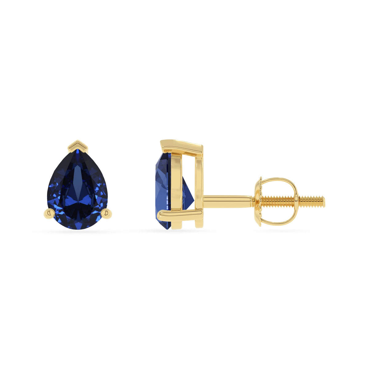lab grown blue sapphire pear stud earrings in yellow gold 