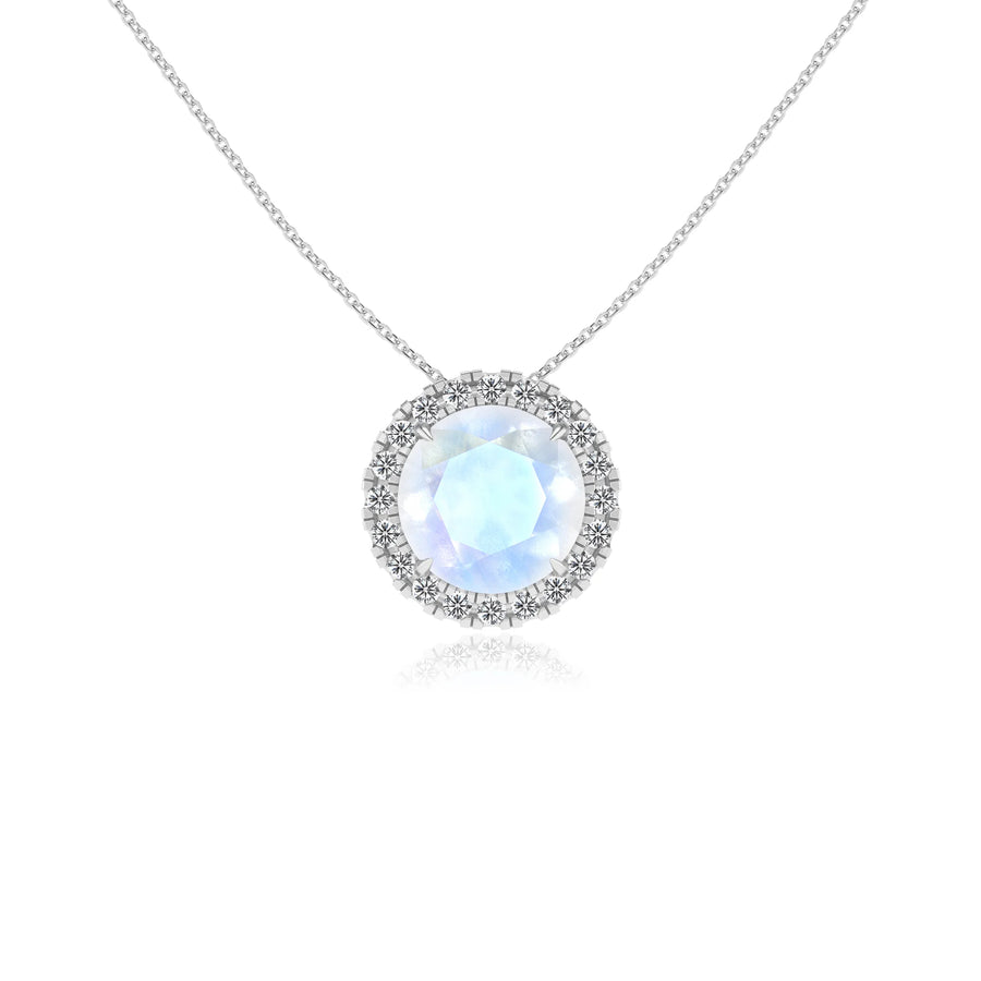natural rainbow moonstone round solitaire necklaces in sterling silver 
