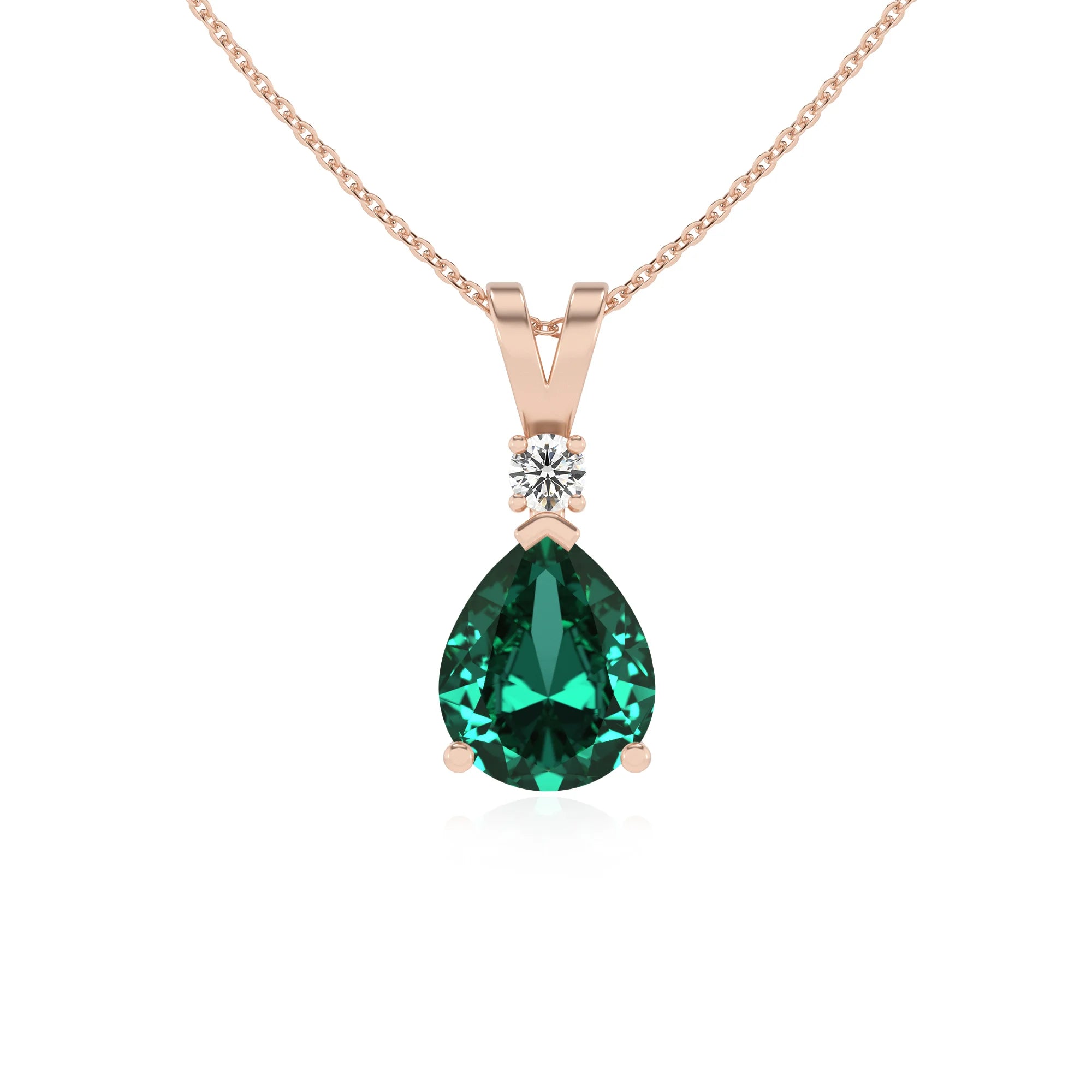 lab grown emerald pear solitaire v-bale necklaces in rose gold 