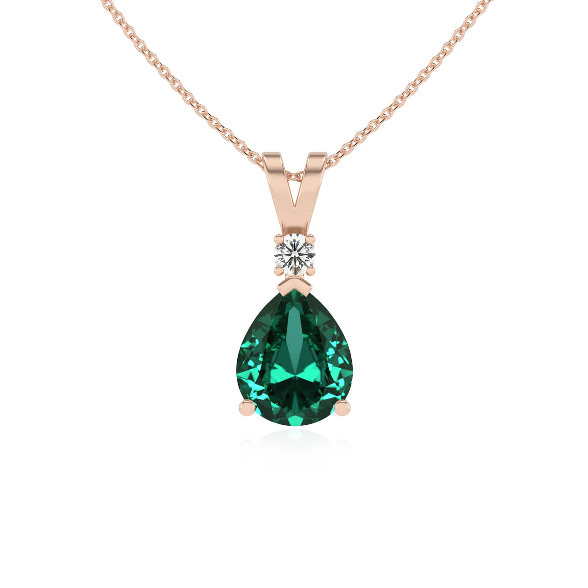 lab grown emerald pear solitaire v-bale necklaces in rose gold 