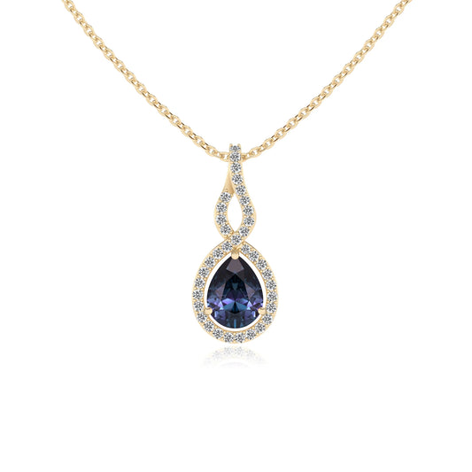 lab grown alexandrite pear necklaces in yellow gold 