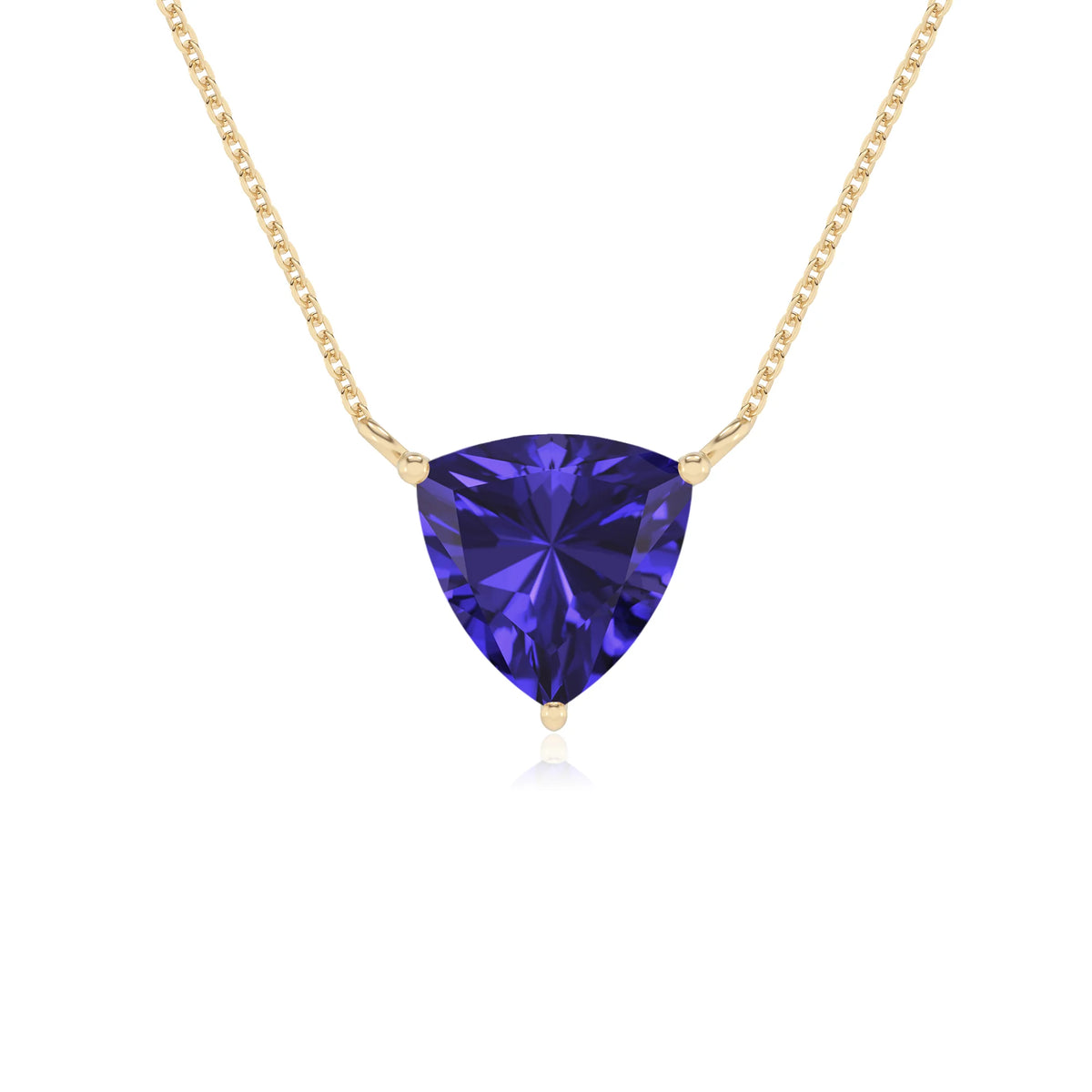 lab grown tanzanite trillion solitaire necklaces in yellow gold 