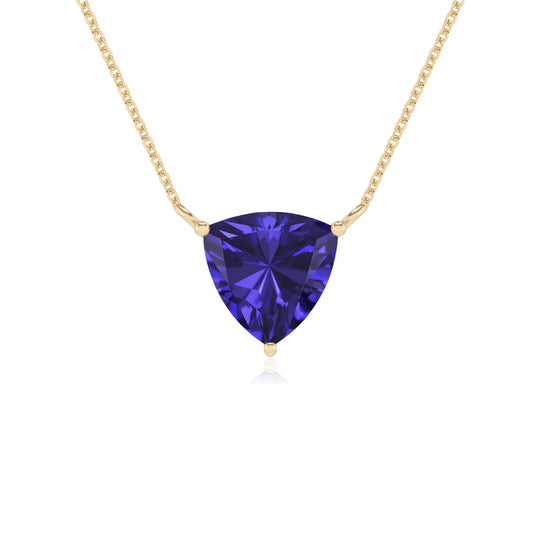 lab grown tanzanite trillion solitaire necklaces in yellow gold 