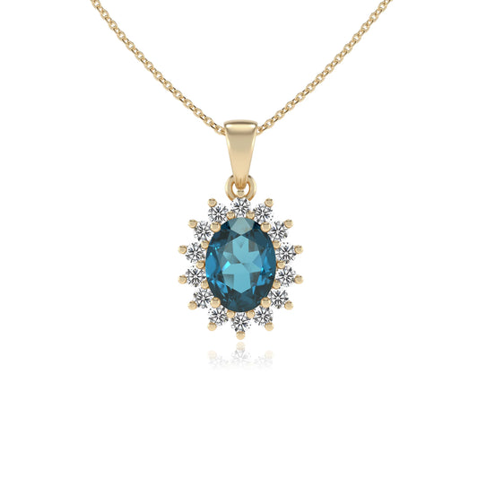 natural london-blue-topaz oval halo necklaces in yellow gold 