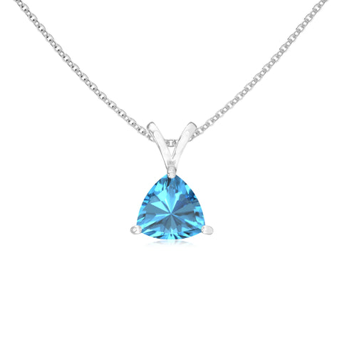 Natural Swiss Blue Topaz Trillion Solitaire V-Bale Pendant Necklace with 18" Chain