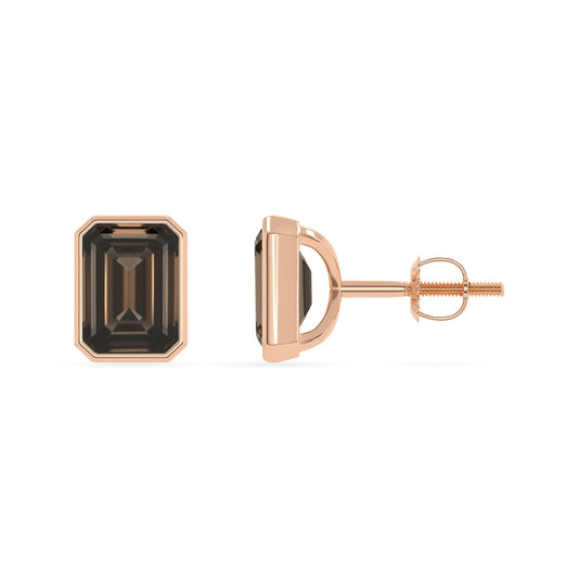 Natural Smoky Quartz Emerald-Cut Solitaire Stud Earrings