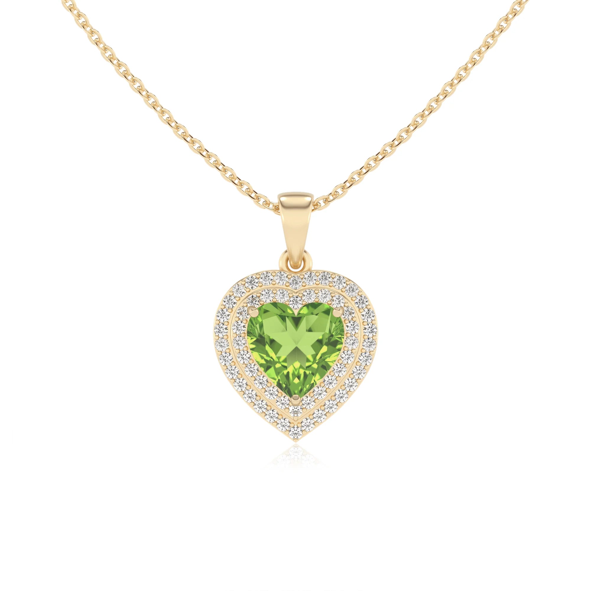 natural peridot heart halo necklaces in yellow gold 