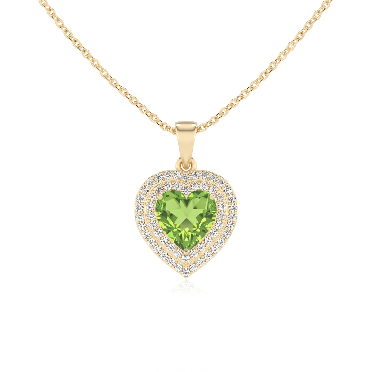 natural peridot heart halo necklaces in yellow gold 