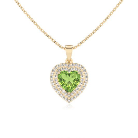 natural peridot heart halo necklaces in yellow gold 