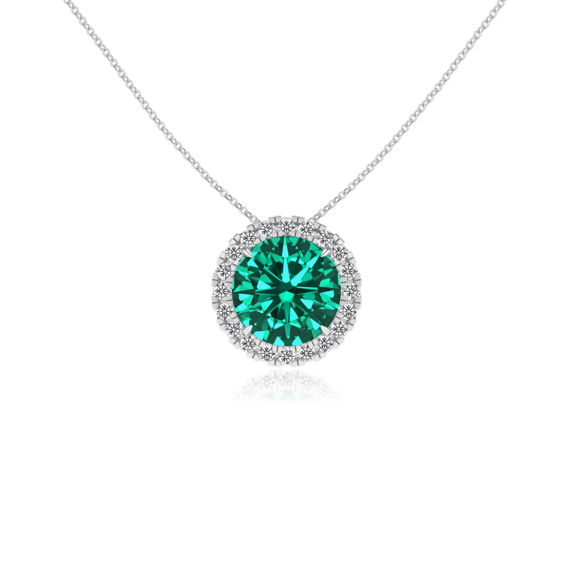 lab grown emerald round solitaire necklaces in white gold 