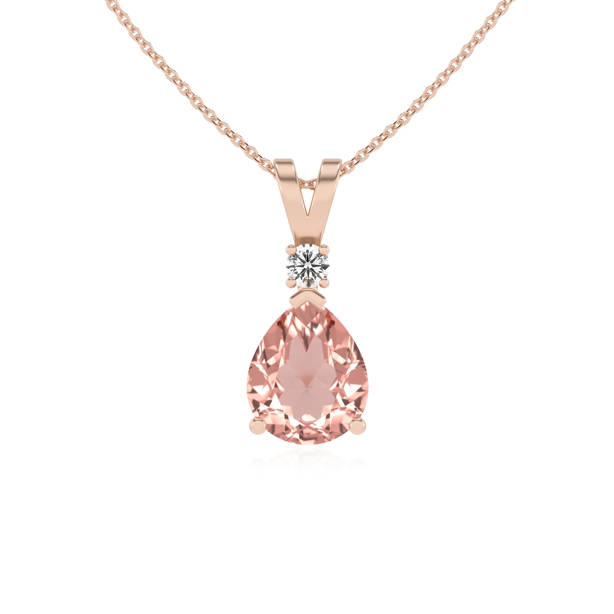 lab grown morganite pear solitaire v-bale necklaces in rose gold 