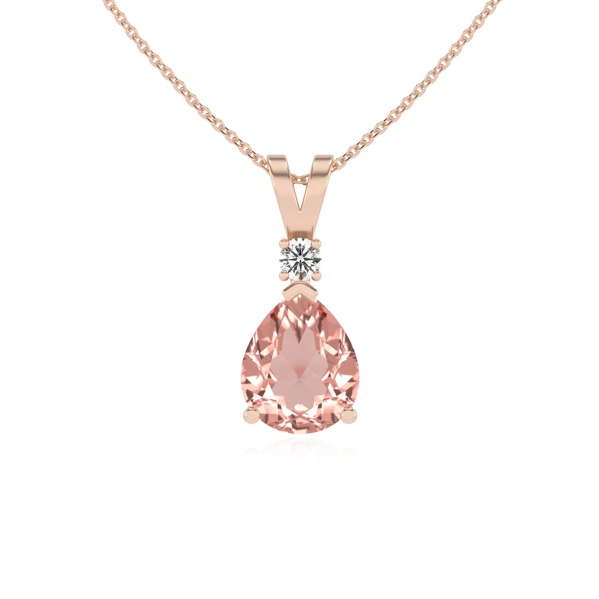 lab grown morganite pear solitaire v-bale necklaces in rose gold 