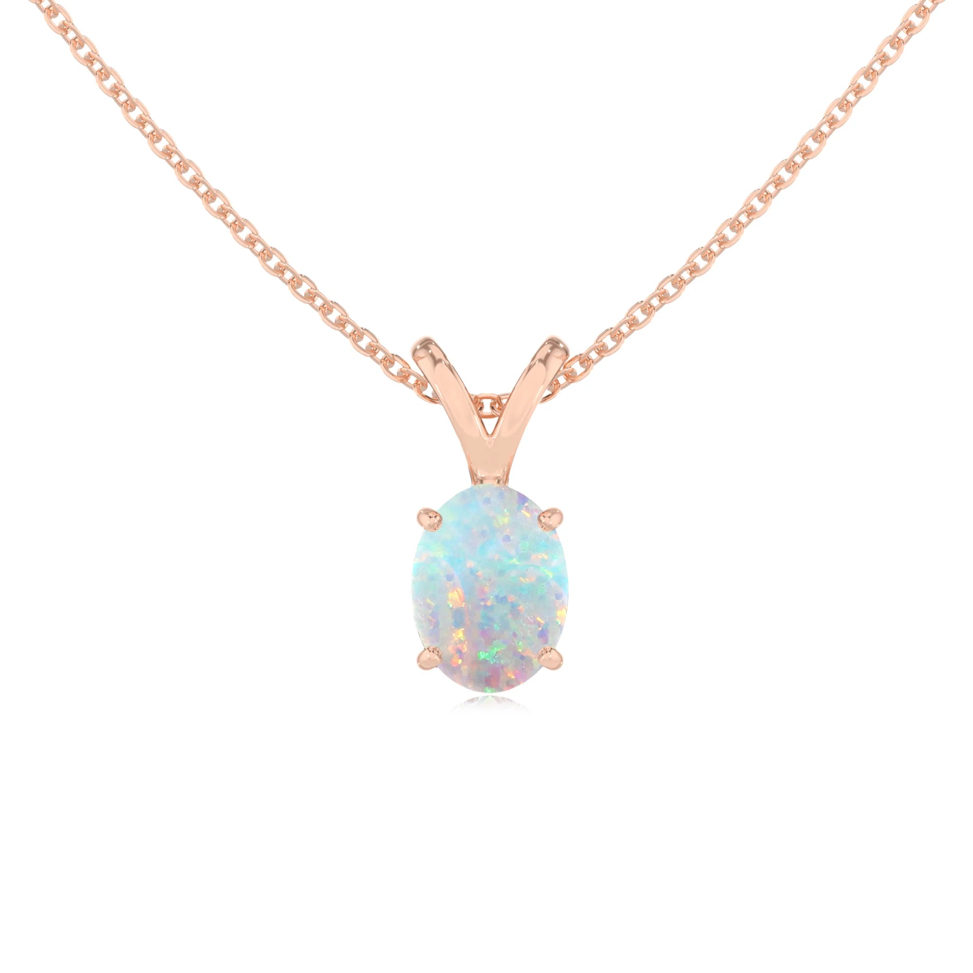 lab grown opal oval solitaire v-bale necklaces in rose gold 