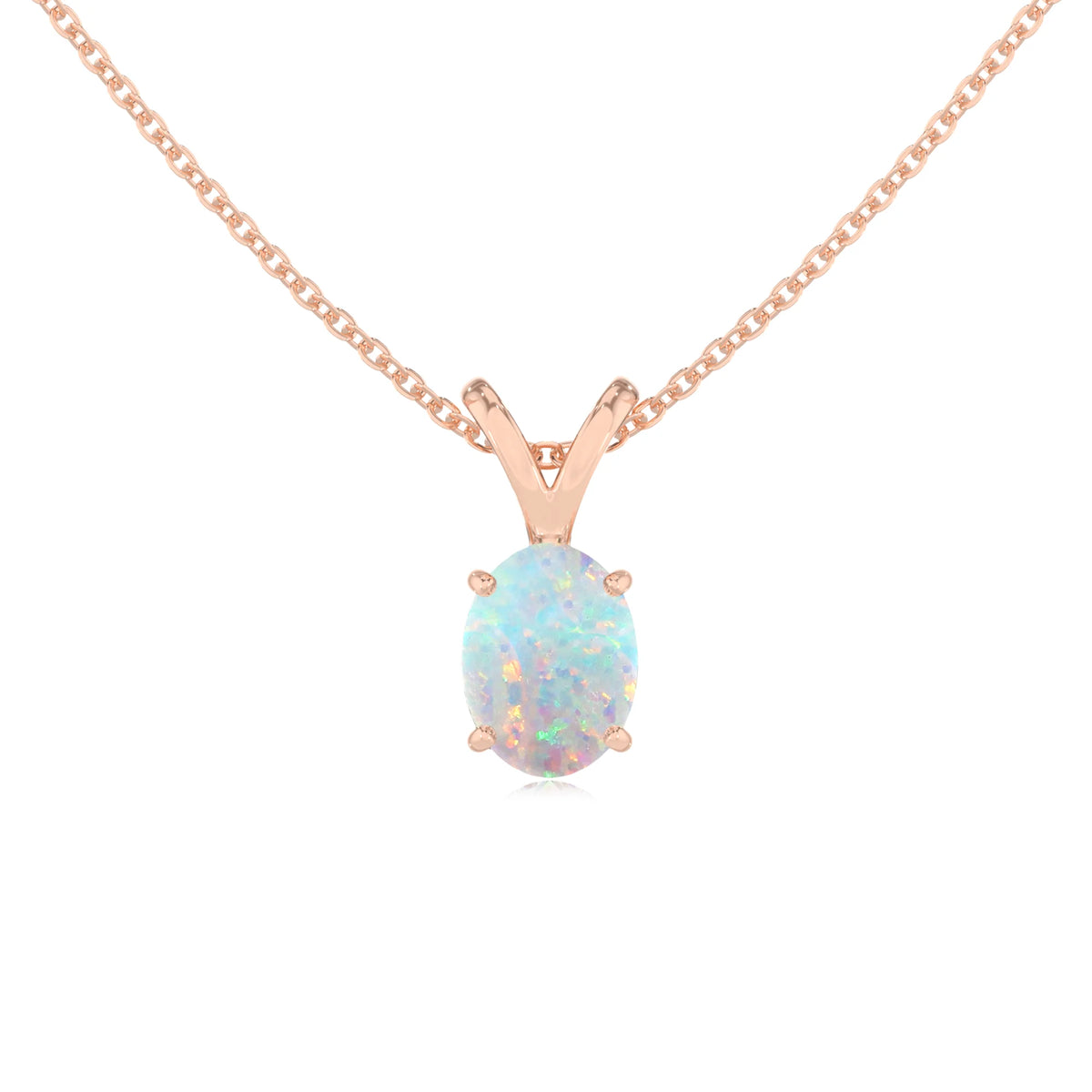 lab grown opal oval solitaire v-bale necklaces in rose gold 