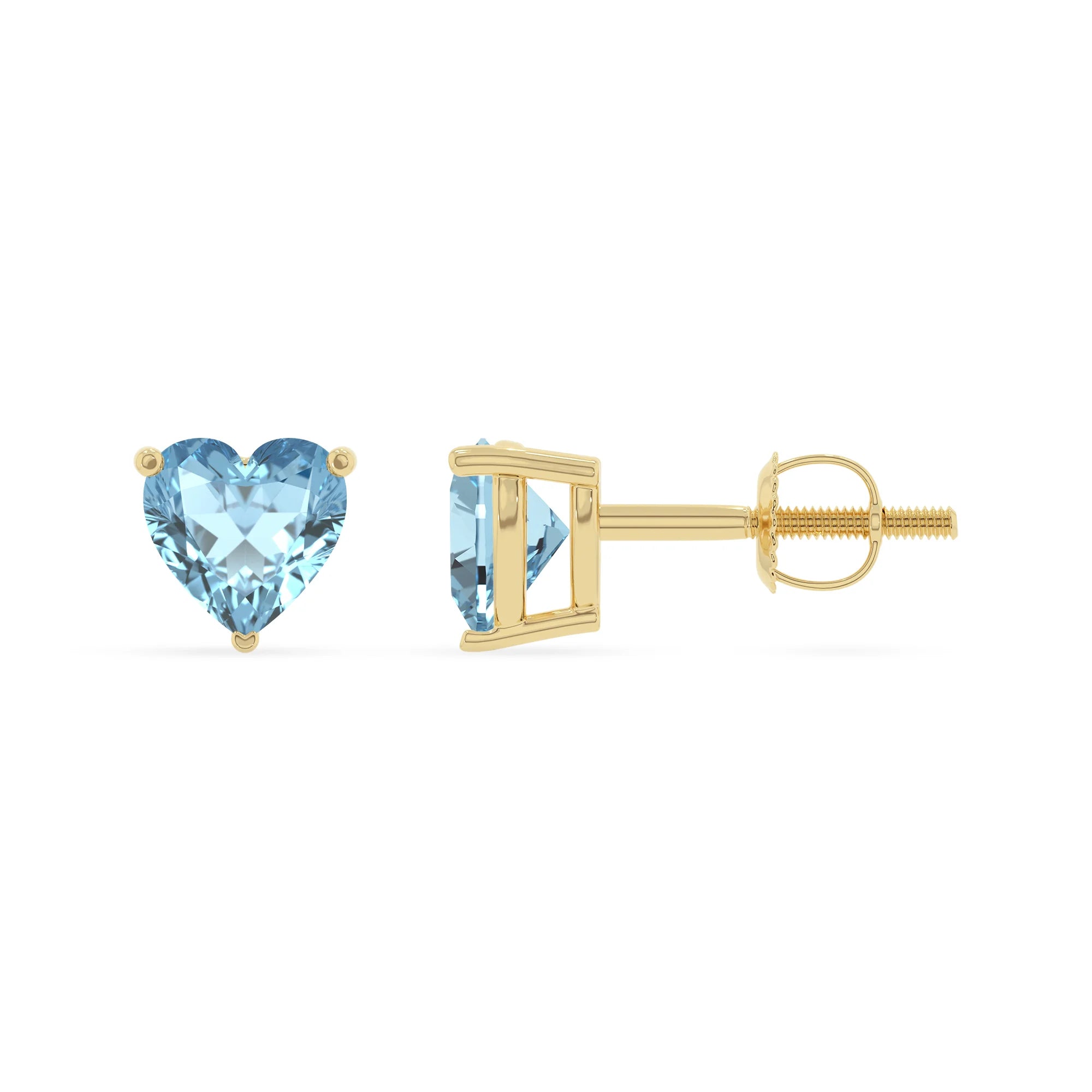 lab grown aquamarine heart stud earrings in yellow gold 