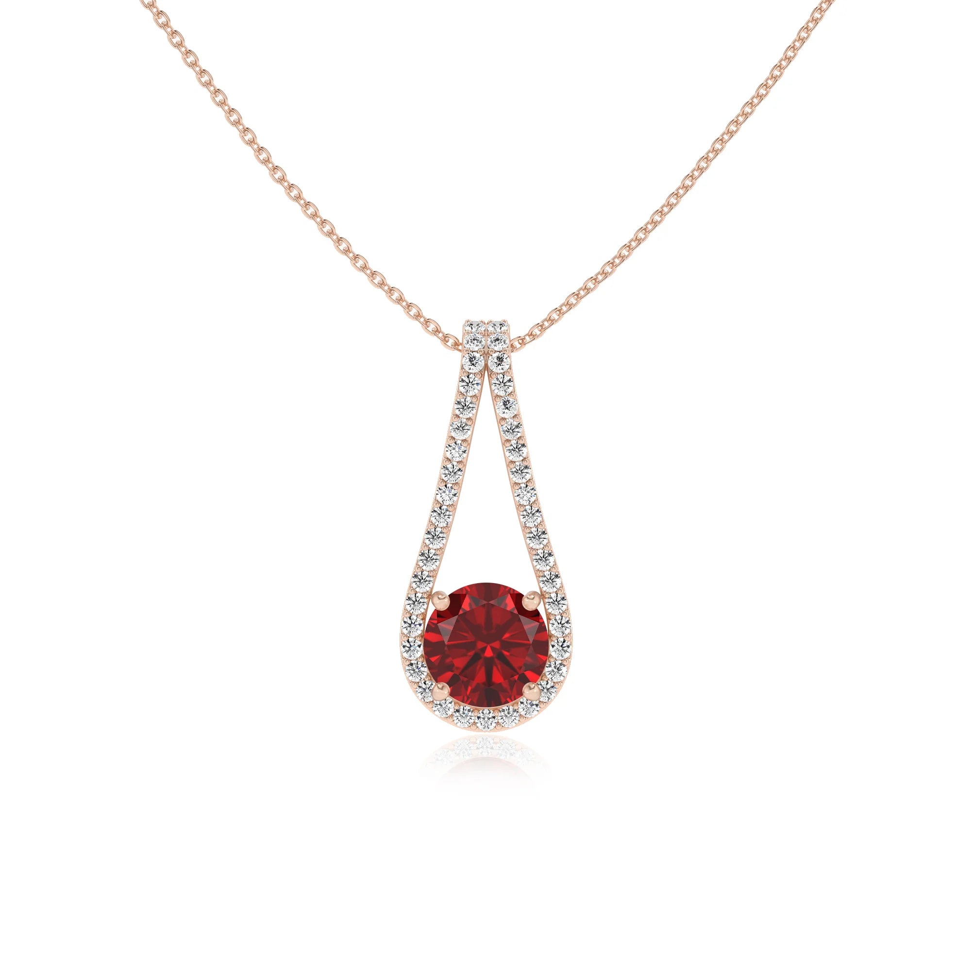 lab grown ruby round solitaire v-bale necklaces in rose gold 
