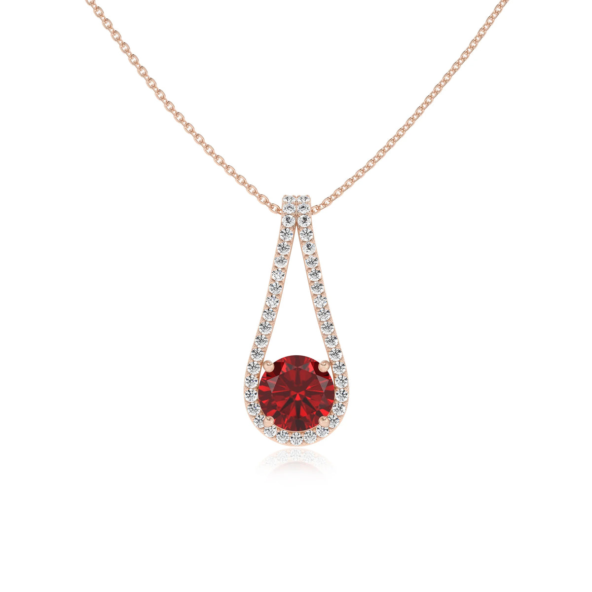 lab grown ruby round solitaire v-bale necklaces in rose gold 