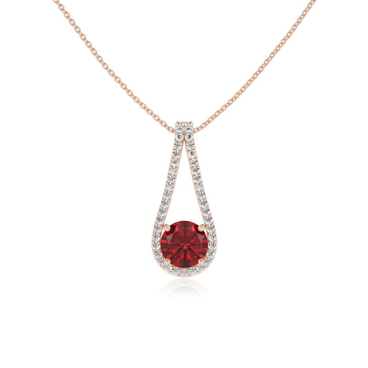 lab grown ruby round solitaire v-bale necklaces in rose gold 
