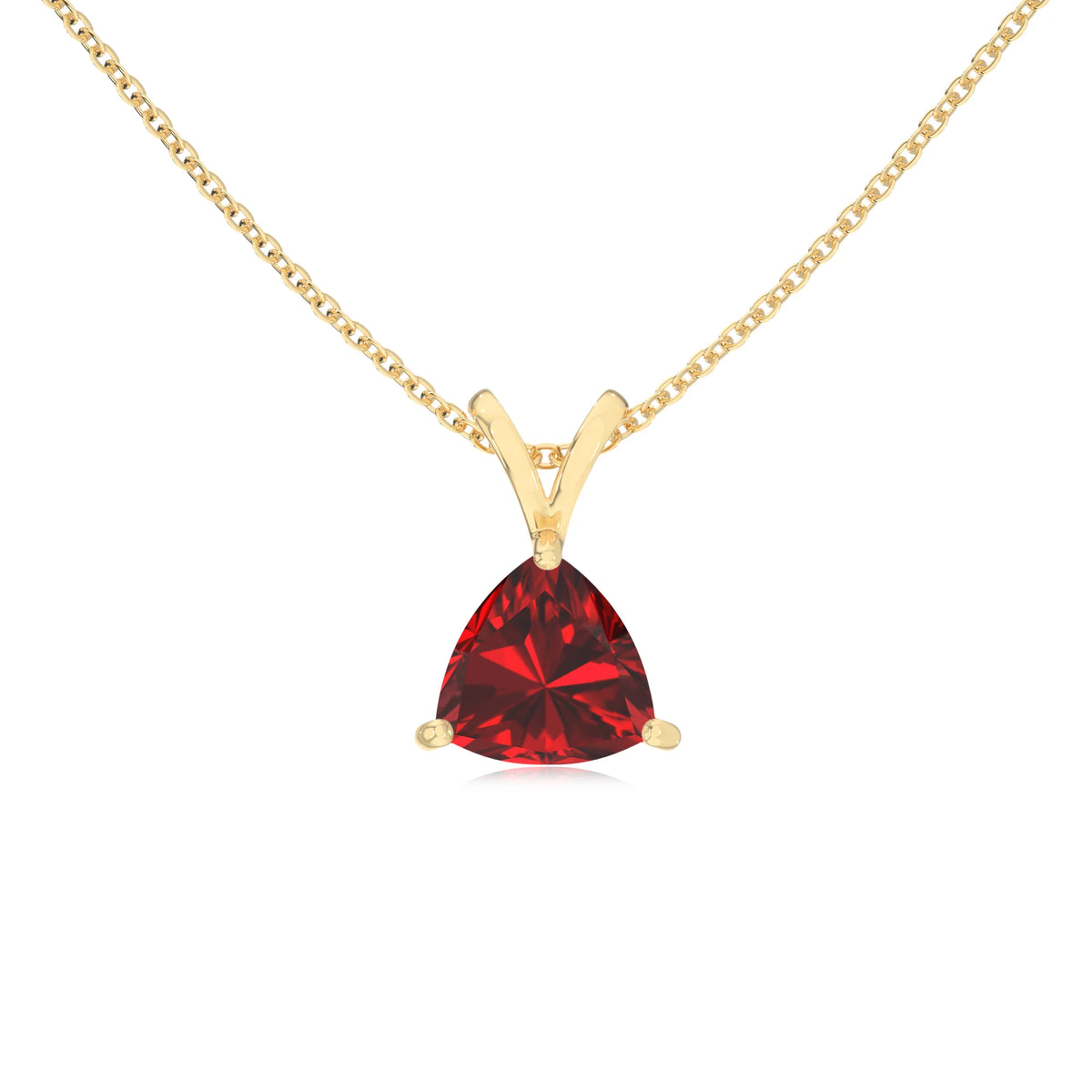 lab grown ruby trillion solitaire v-bale necklaces in yellow gold 
