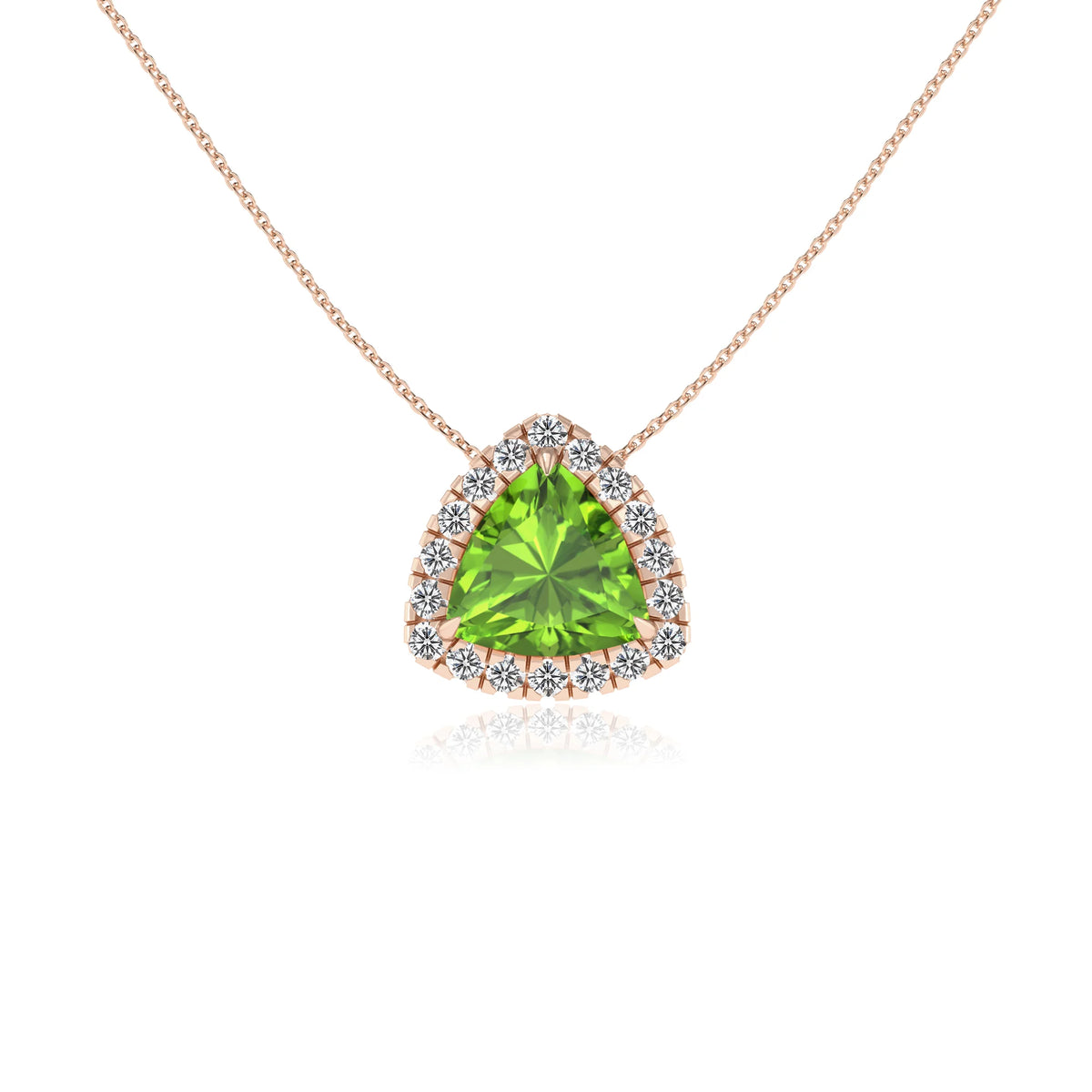 natural peridot trillion solitaire necklaces in rose gold 