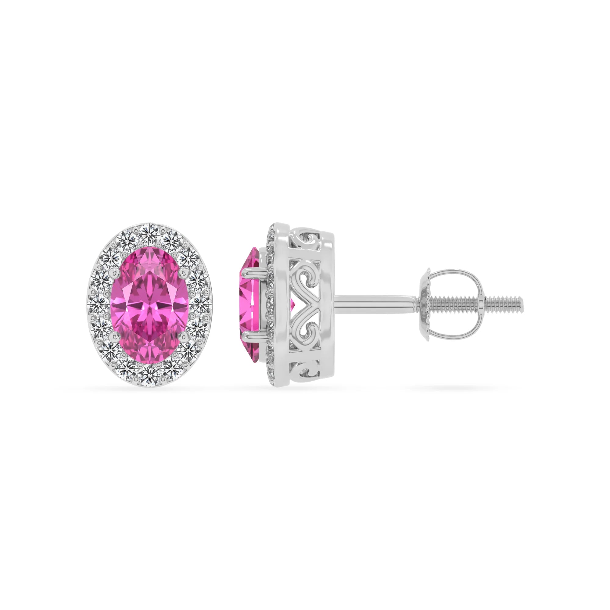 lab grown pink sapphire oval stud earrings in white gold 