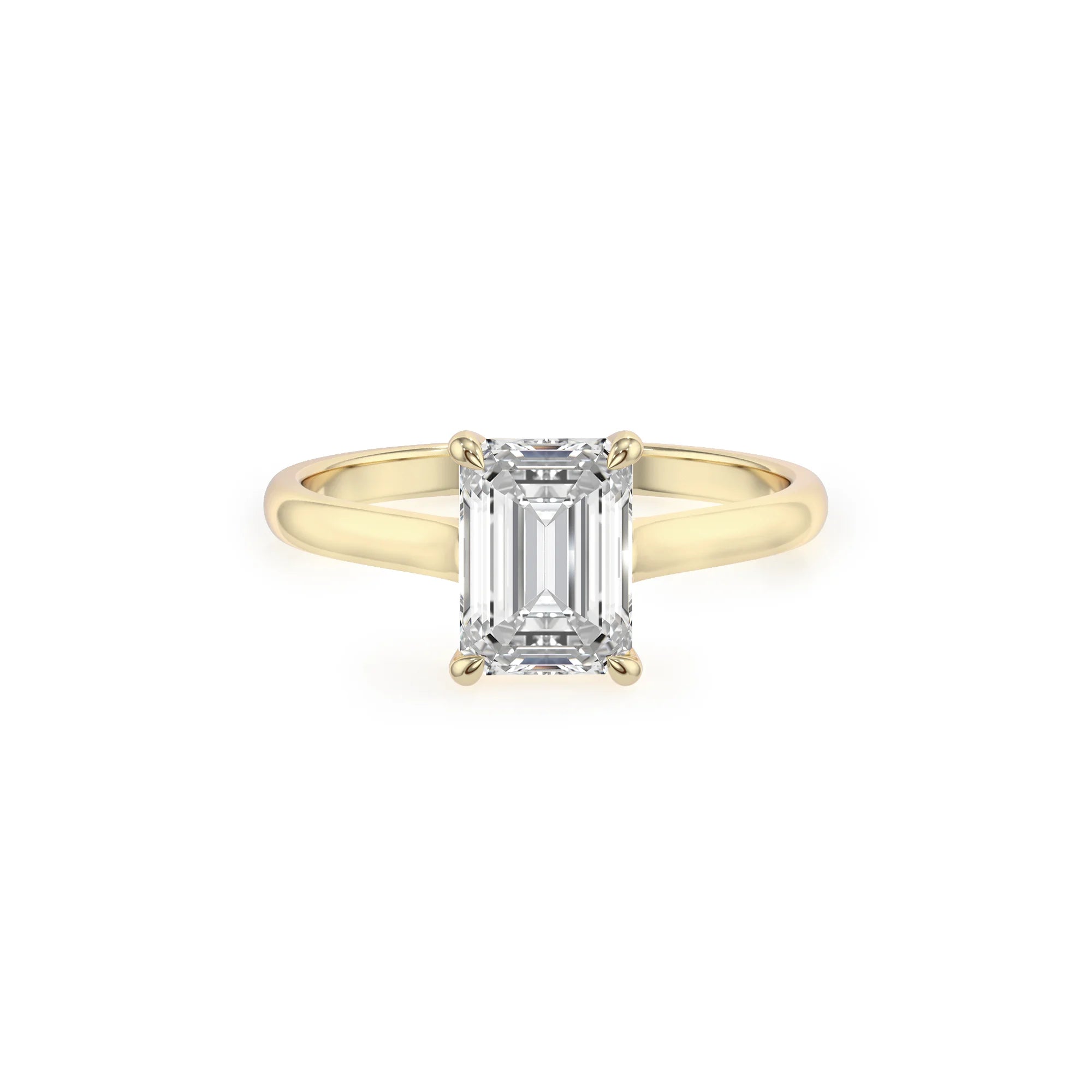 lab grown moissanite emerald cut solitaire rings in yellow gold 