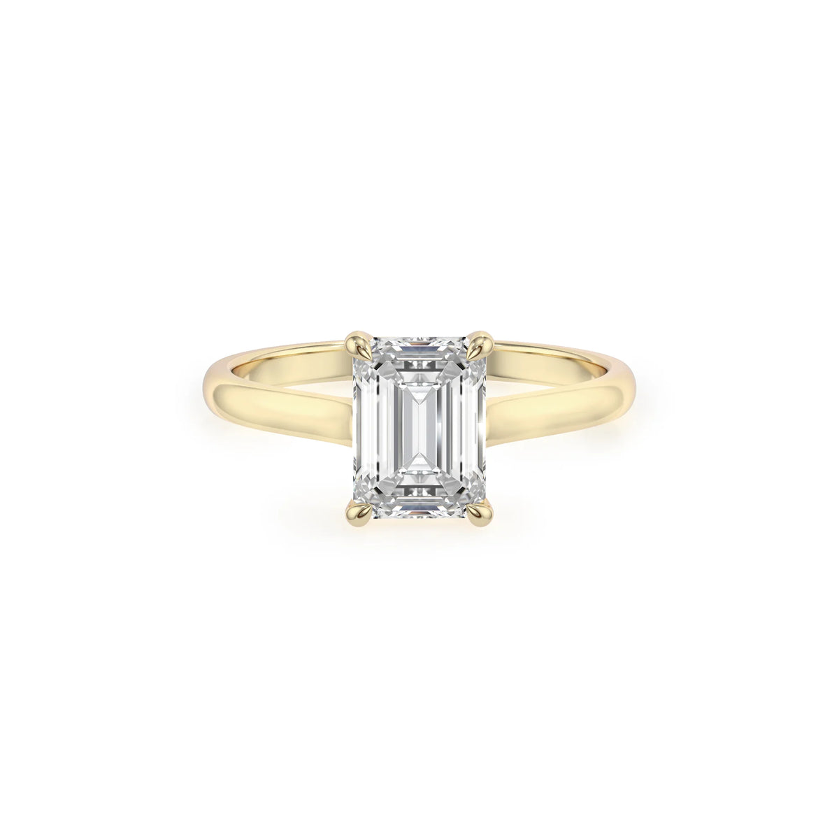 lab grown moissanite emerald cut solitaire rings in yellow gold 