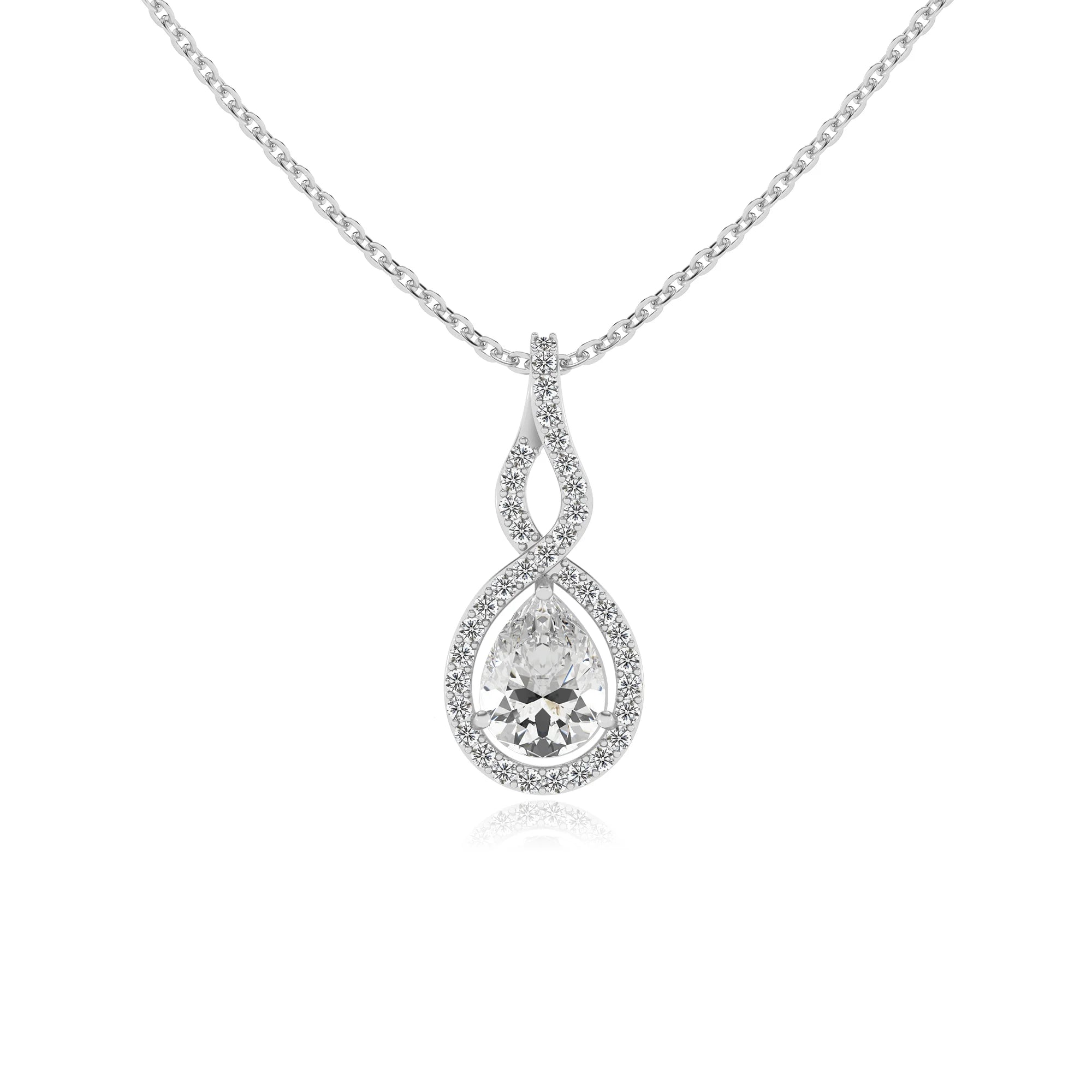 lab grown moissanite pear necklaces in white gold 