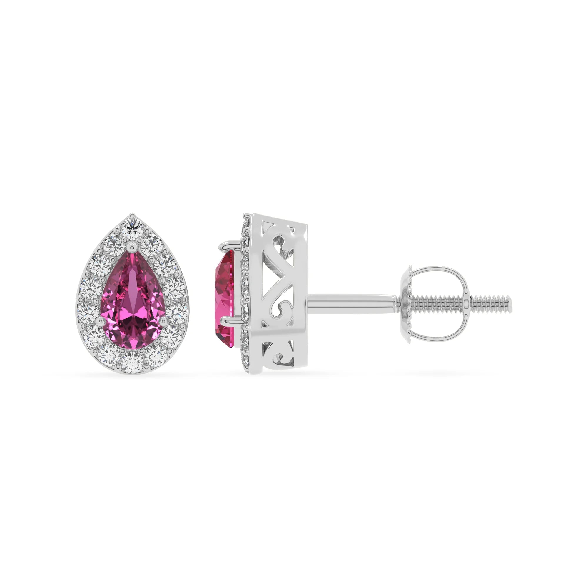 lab grown pink sapphire pear stud earrings in platinum 