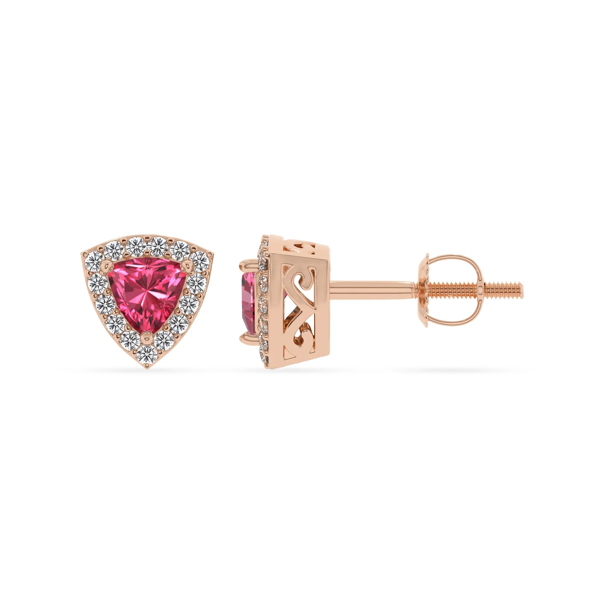 lab grown pink tourmaline trillion stud earrings in rose gold 