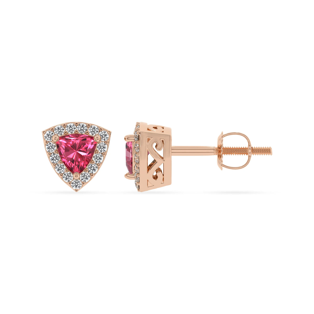 lab grown pink tourmaline trillion stud earrings in rose gold 