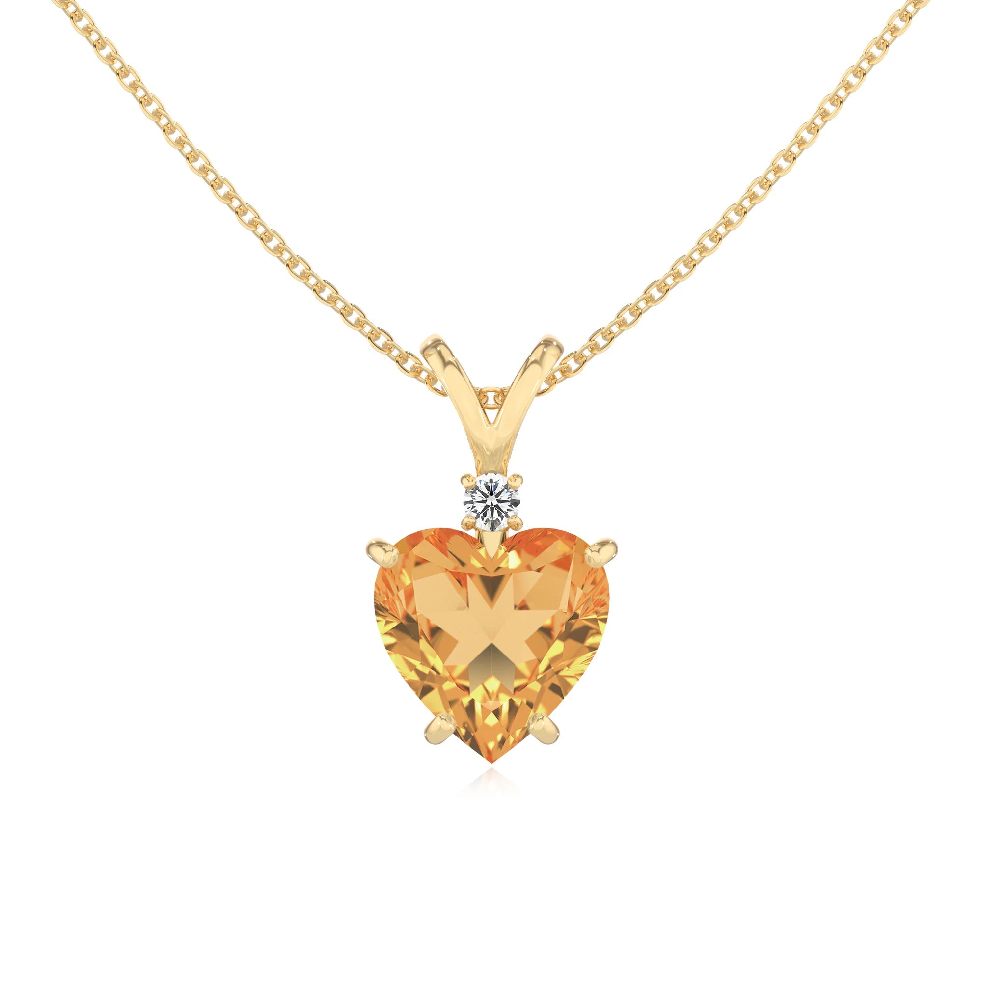 lab grown citrine heart solitaire v-bale necklaces in yellow gold 