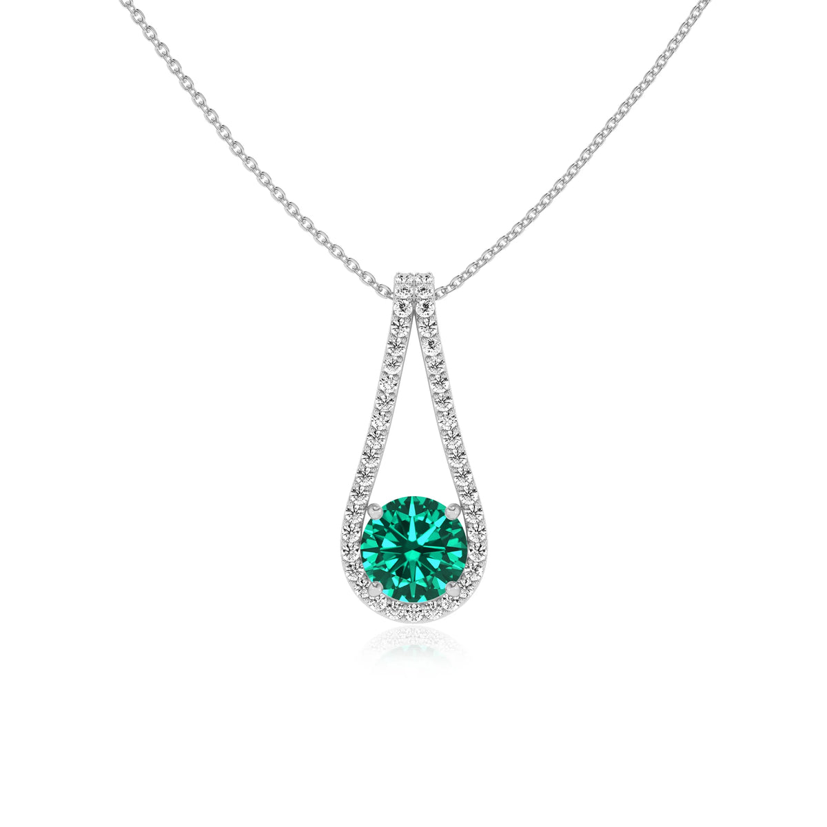 lab grown emerald round solitaire v-bale necklaces in sterling silver 