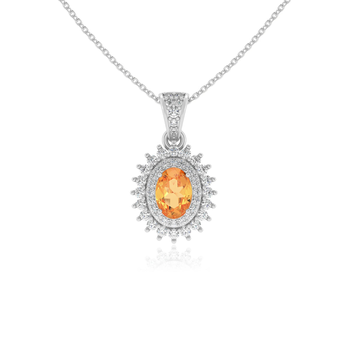 lab grown citrine oval halo necklaces in white gold 